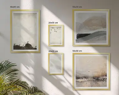 Wanddecoratie compositie met vogels, rotsen en penseelstreken als versiering