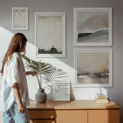 Wanddecoratie compositie met vogels, rotsen en penseelstreken als versiering
