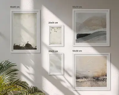 Wanddecoratie compositie met vogels, rotsen en penseelstreken als versiering
