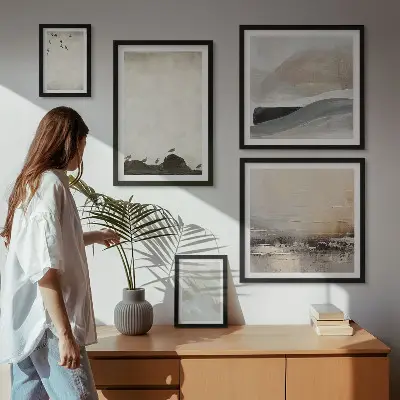 Wanddecoratie compositie met vogels, rotsen en penseelstreken als versiering