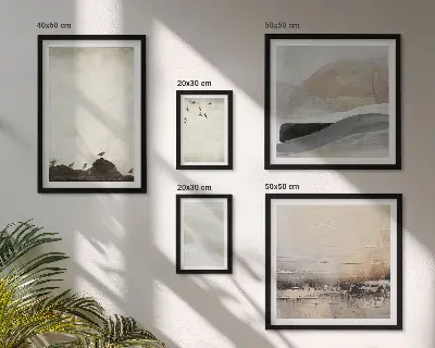 Wanddecoratie compositie met vogels, rotsen en penseelstreken als versiering