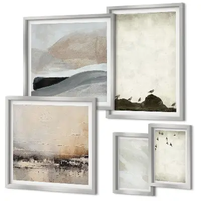 Wanddecoratie compositie met vogels, rotsen en penseelstreken als versiering