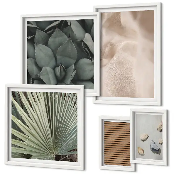 Wanddecoratie compositie met stenen, hout, stoffen en texturen