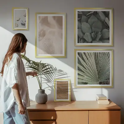 Wanddecoratie compositie met stenen, hout, stoffen en texturen