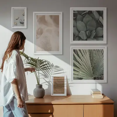 Wanddecoratie compositie met stenen, hout, stoffen en texturen