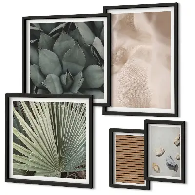 Wanddecoratie compositie met stenen, hout, stoffen en texturen