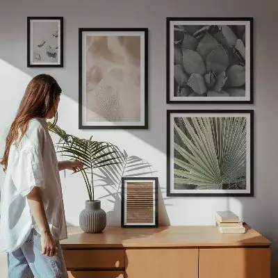 Wanddecoratie compositie met stenen, hout, stoffen en texturen