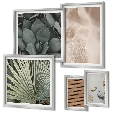 Wanddecoratie compositie met stenen, hout, stoffen en texturen