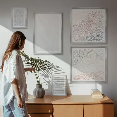 Moderne schilderijenset met heldere structuren en snaarpatronen