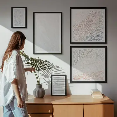 Moderne schilderijenset met heldere structuren en snaarpatronen
