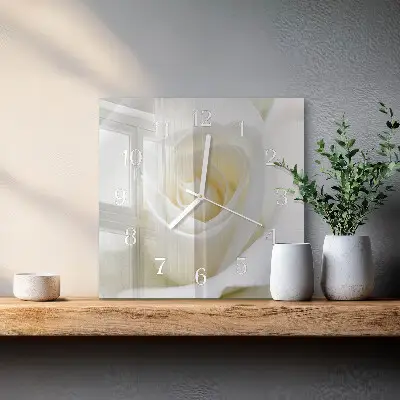 Vierkante glazen klok Witte roos