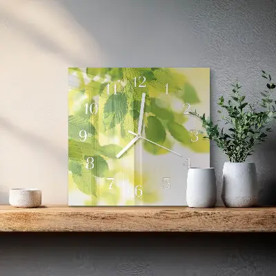 Vierkante glazen wandklok Bladeren