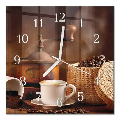 Vierkante glazen wandklok Een kopje koffie