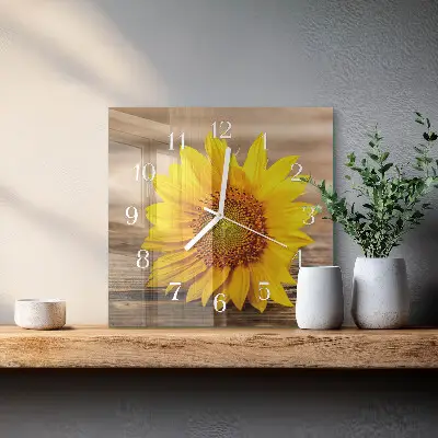Vierkante glazen wandklok Zonnebloem