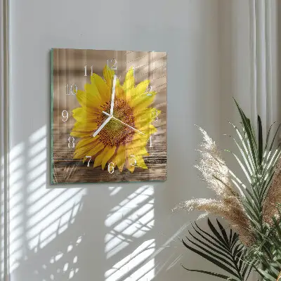 Vierkante glazen wandklok Zonnebloem