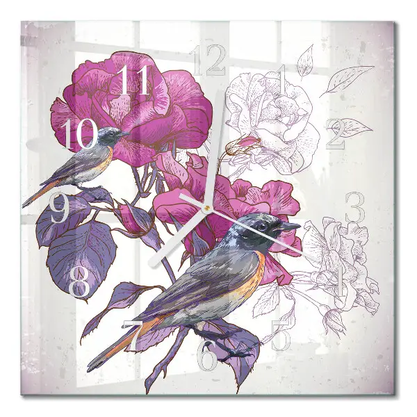 Vierkante glas klok Vogels en bloemen