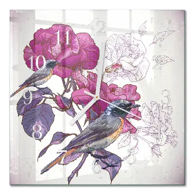 Vierkante glas klok Vogels en bloemen