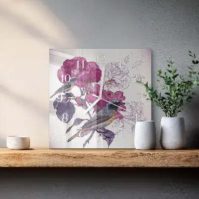Vierkante glas klok Vogels en bloemen