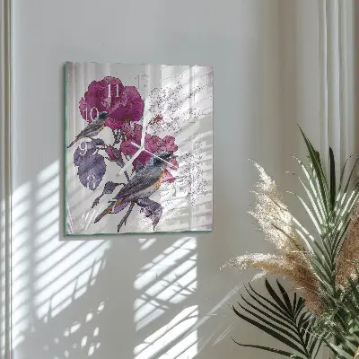 Vierkante glas klok Vogels en bloemen