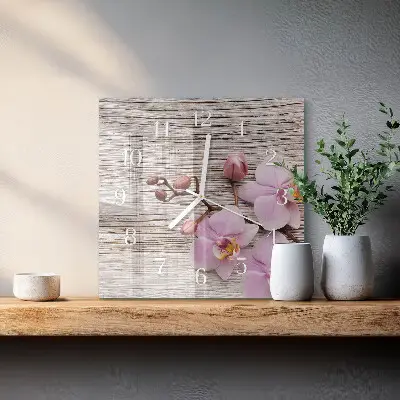 Vierkante glazen wandklok Orchidee