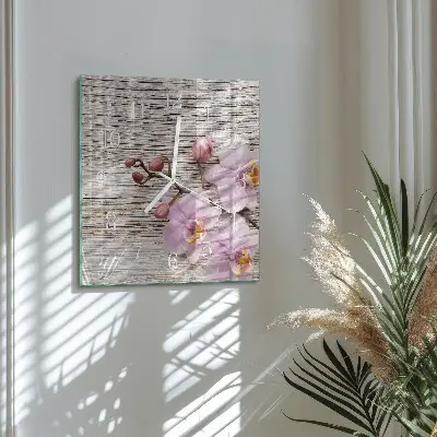 Vierkante glazen wandklok Orchidee
