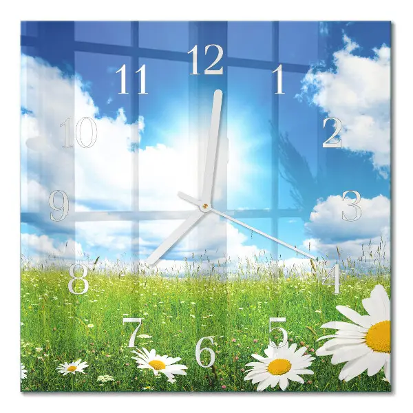 Vierkante glazen wandklok Weidebloemen