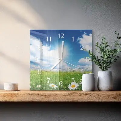 Vierkante glazen wandklok Weidebloemen