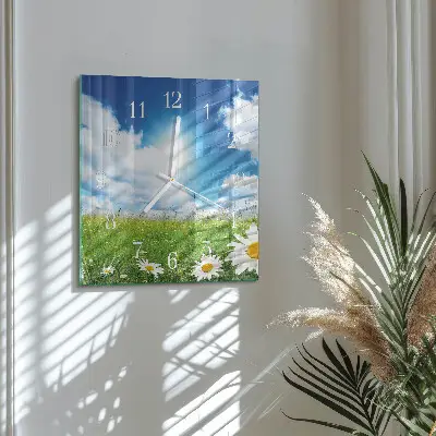 Vierkante glazen wandklok Weidebloemen