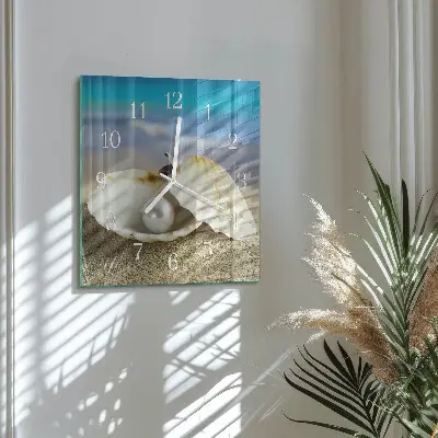 Vierkante glazen wandklok Parel in een schelp