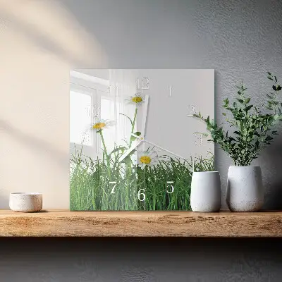 Vierkante glazen wandklok Madeliefjes