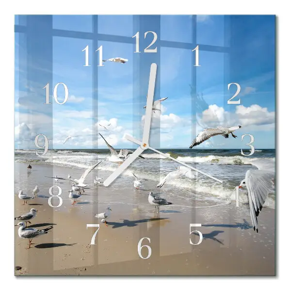 Moderne wandklok glas vierkant Meeuwen op het strand