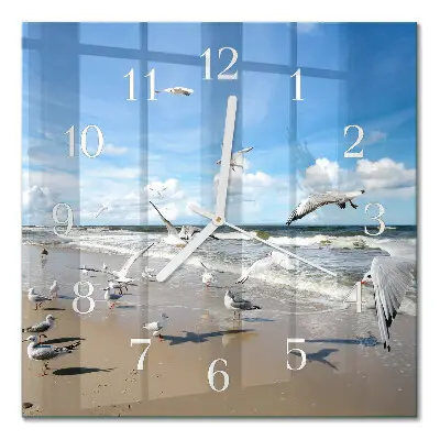 Moderne wandklok glas vierkant Meeuwen op het strand