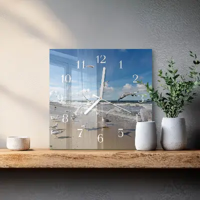Moderne wandklok glas vierkant Meeuwen op het strand