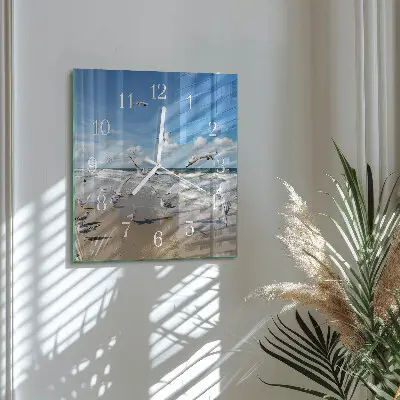 Moderne wandklok glas vierkant Meeuwen op het strand