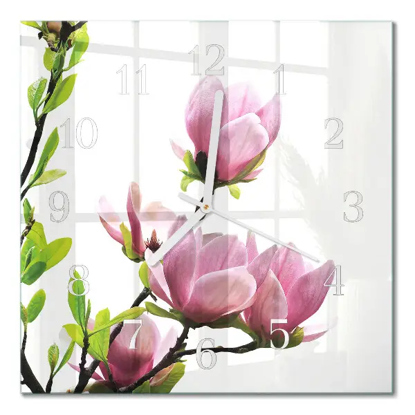 Vierkante glazen wandklok Magnolia bloem