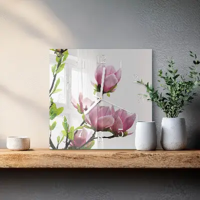 Vierkante glazen wandklok Magnolia bloem