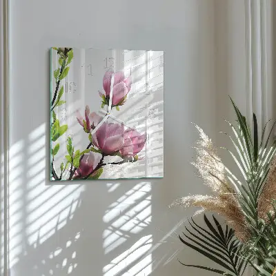 Vierkante glazen wandklok Magnolia bloem