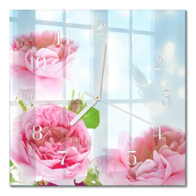Vierkante glas klok Pioenrozen