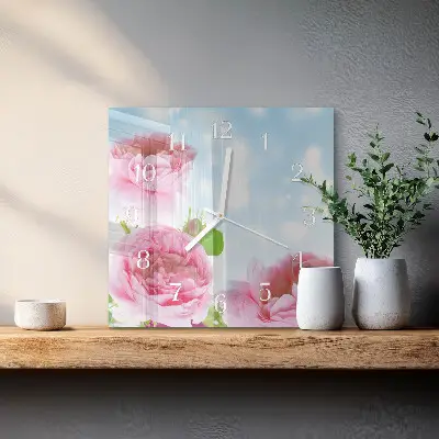 Vierkante glas klok Pioenrozen