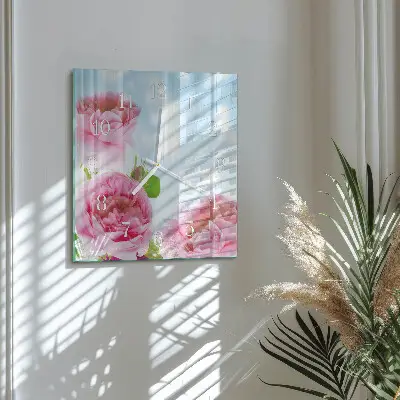 Vierkante glas klok Pioenrozen