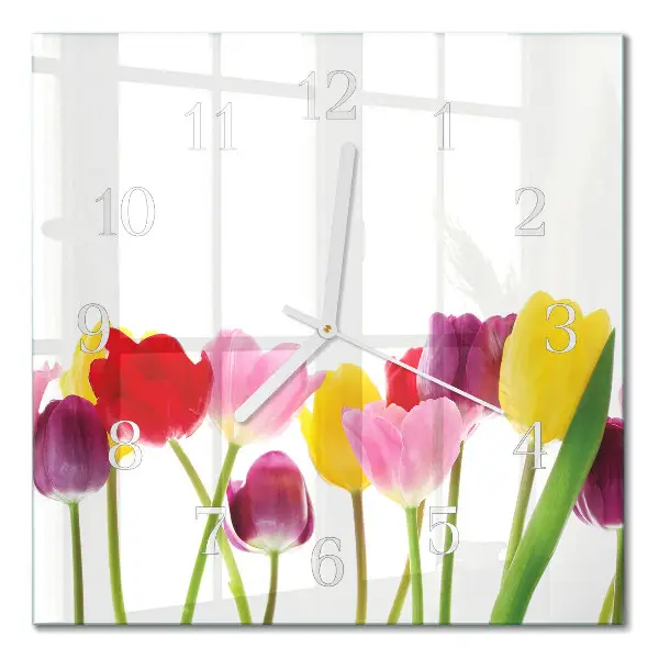 Vierkante glas klok Kleurrijke tulpen