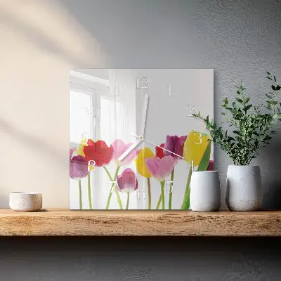 Vierkante glas klok Kleurrijke tulpen