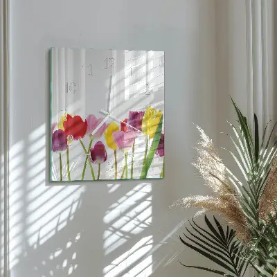 Vierkante glas klok Kleurrijke tulpen