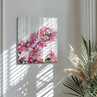 Vierkante glazen wandklok Bloemen