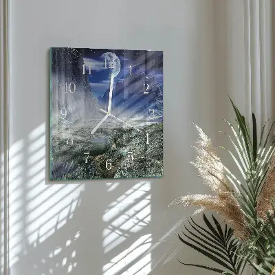 Vierkante glazen wandklok Bergen maan