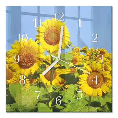 Vierkante glazen wandklok Zonnebloemen
