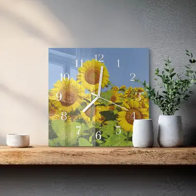 Vierkante glazen wandklok Zonnebloemen