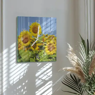 Vierkante glazen wandklok Zonnebloemen