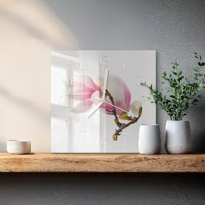 Vierkante glazen klok Magnolia bloem