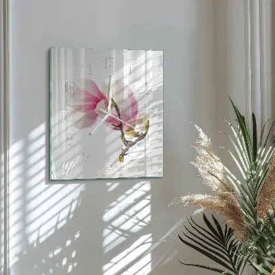 Vierkante glazen klok Magnolia bloem